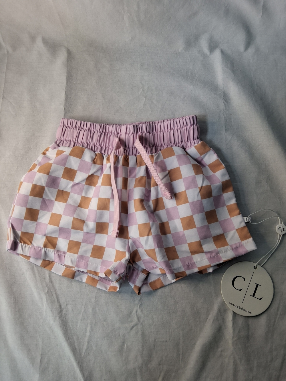 Caden Lane Pink & Tan Checkered‎ Kids Swim Trunks